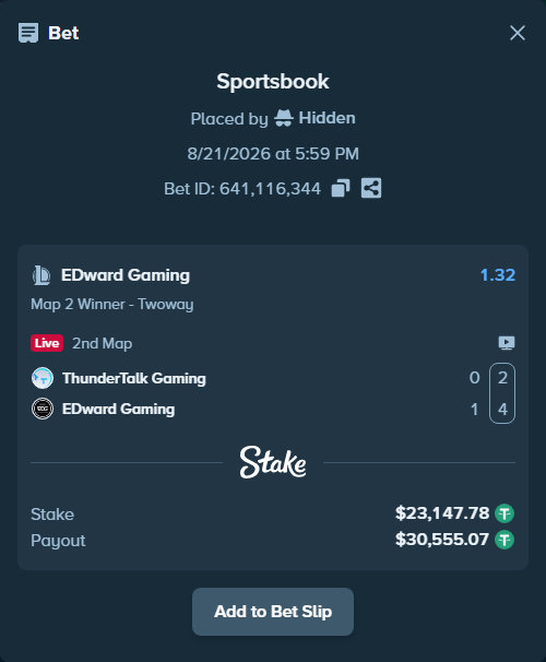 Bet slip: ThunderTalk Gaming - EDward Gaming, $23,147.78 stake at 1.32 odds, placed by Hidden