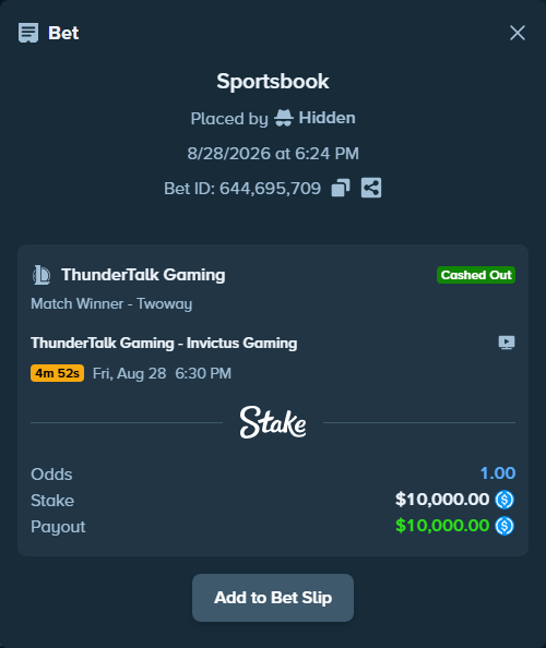 Bet slip: ThunderTalk Gaming - Invictus Gaming, $10,000.00 stake at 3.40 odds, placed by Hidden