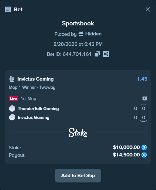 Bet slip: ThunderTalk Gaming - Invictus Gaming, $10,000.00 stake at 1.45 odds, placed by Hidden