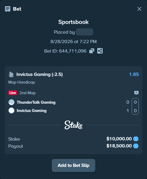 Bet slip: ThunderTalk Gaming - Invictus Gaming, $10,000.00 stake at 1.85 odds, placed by impactwhat9