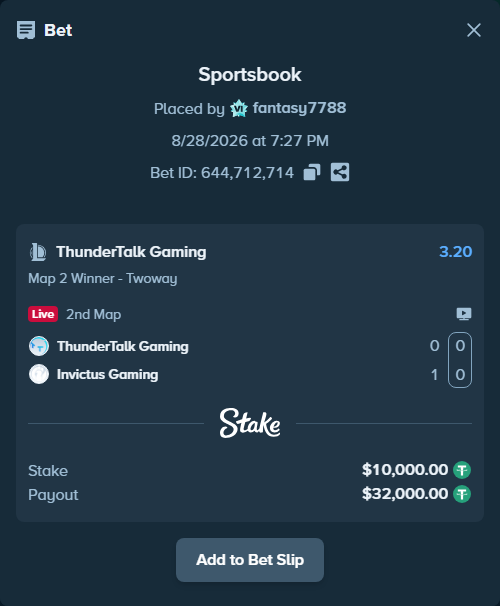 Bet slip: ThunderTalk Gaming - Invictus Gaming, $10,000.00 stake at 3.20 odds, placed by fantasy7788