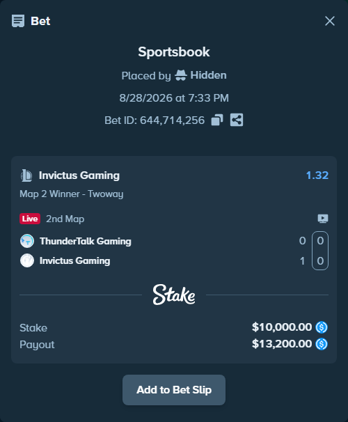 Bet slip: ThunderTalk Gaming - Invictus Gaming, $10,000.00 stake at 1.32 odds, placed by Hidden