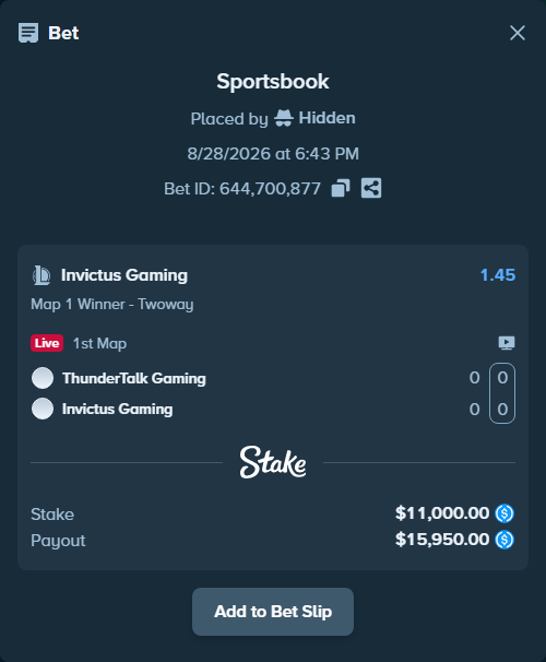 Bet slip: ThunderTalk Gaming - Invictus Gaming, $11,000.00 stake at 1.45 odds, placed by Hidden