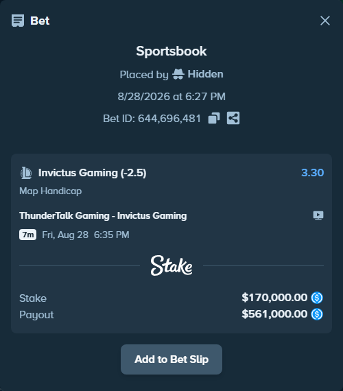Bet slip: ThunderTalk Gaming - Invictus Gaming, $170,000.00 stake at 3.30 odds, placed by Hidden