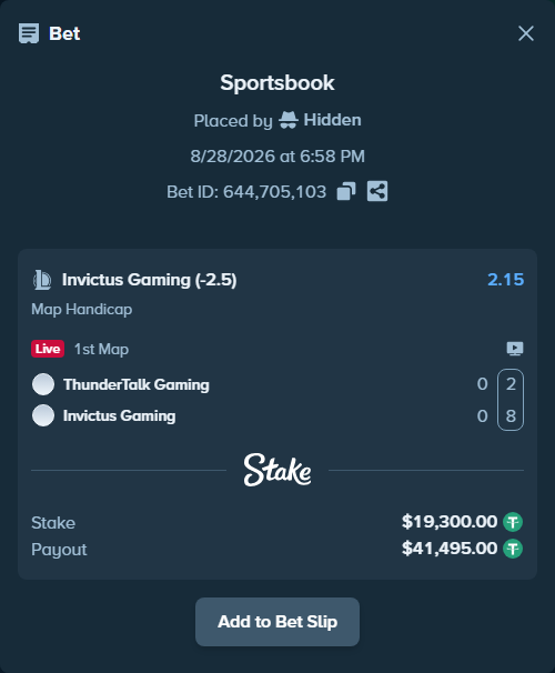 Bet slip: ThunderTalk Gaming - Invictus Gaming, $19,300.00 stake at 2.15 odds, placed by Hidden