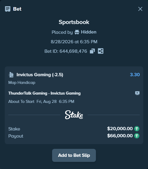 Bet slip: ThunderTalk Gaming - Invictus Gaming, $20,000.00 stake at 3.30 odds, placed by Hidden