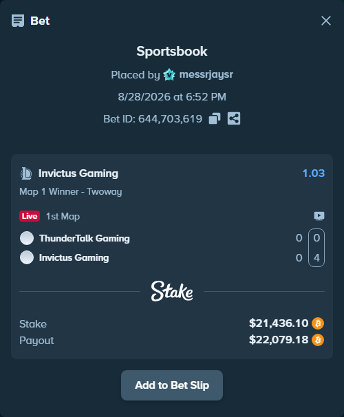 Bet slip: ThunderTalk Gaming - Invictus Gaming, $21,431.75 stake at 1.03 odds, placed by messrjaysr