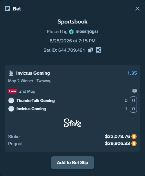 Bet slip: ThunderTalk Gaming - Invictus Gaming, $22,074.28 stake at 1.35 odds, placed by messrjaysr