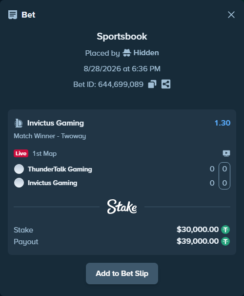 Bet slip: ThunderTalk Gaming - Invictus Gaming, $30,000.00 stake at 1.30 odds, placed by Hidden