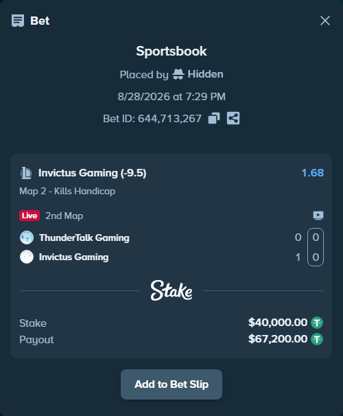 Bet slip: ThunderTalk Gaming - Invictus Gaming, $40,000.00 stake at 1.68 odds, placed by Hidden