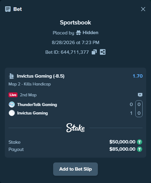 Bet slip: ThunderTalk Gaming - Invictus Gaming, $50,000.00 stake at 1.70 odds, placed by Hidden