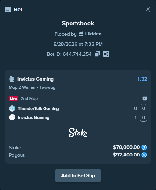 Bet slip: ThunderTalk Gaming - Invictus Gaming, $70,000.00 stake at 1.32 odds, placed by Hidden
