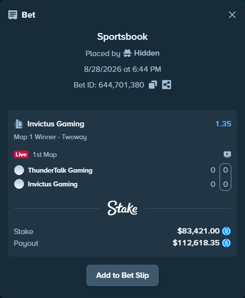 Bet slip: ThunderTalk Gaming - Invictus Gaming, $83,421.00 stake at 1.35 odds, placed by Hidden