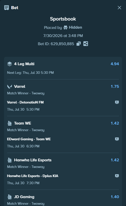 Bet slip: ThunderTalk Gaming - JD Gaming, $20,020.00 stake at 1.40 odds, placed by Hidden