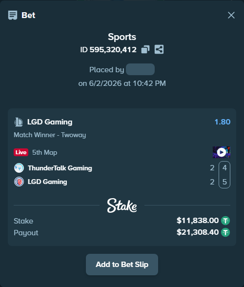 Bet slip: ThunderTalk Gaming - LGD Gaming, $11,849.84 stake at 1.80 odds, placed by Mwillalwayswin