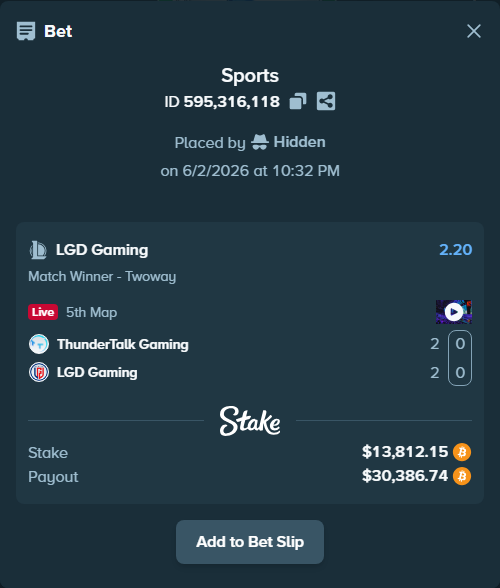 Bet slip: ThunderTalk Gaming - LGD Gaming, $12,866.00 stake at 2.20 odds, placed by Hidden