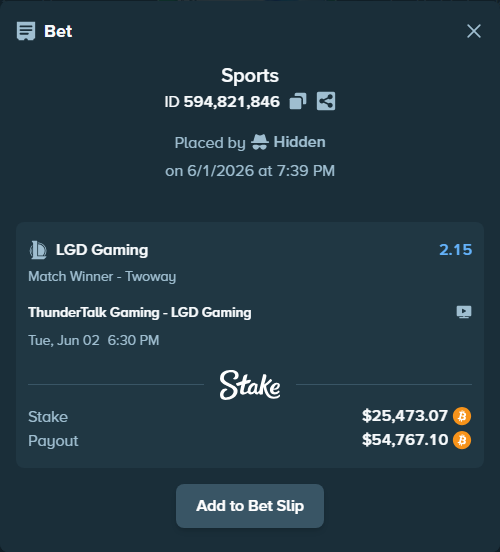 Bet slip: ThunderTalk Gaming - LGD Gaming, $22,515.50 stake at 2.15 odds, placed by Hidden