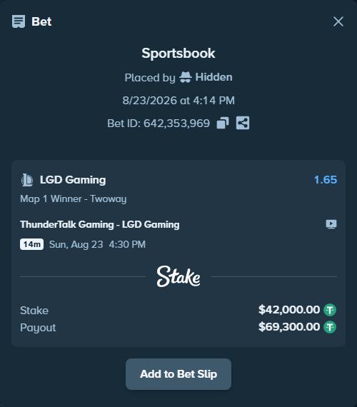 Bet slip: ThunderTalk Gaming - LGD Gaming, $42,000.00 stake at 1.65 odds, placed by Hidden