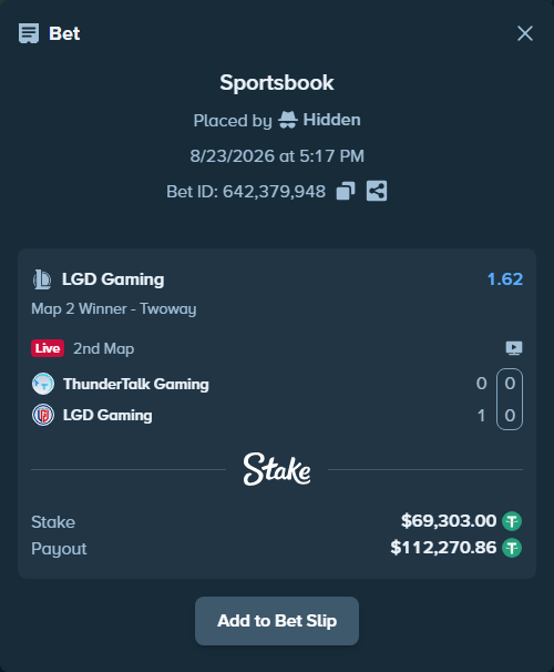 Bet slip: ThunderTalk Gaming - LGD Gaming, $69,303.00 stake at 1.62 odds, placed by Hidden