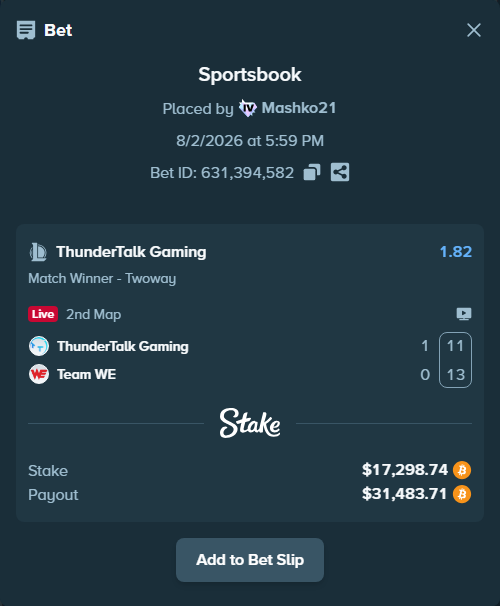 Bet slip: ThunderTalk Gaming - Team WE, $17,547.66 stake at 1.82 odds, placed by Mashko21