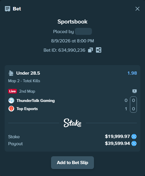 Bet slip: ThunderTalk Gaming - Top Esports, $19,999.97 stake at 1.98 odds, placed by Mwillalwayswin