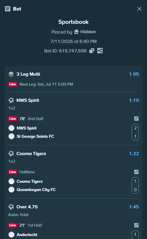 Bet slip: Tigers FC - Queanbeyan City FC, $11,858.77 stake at 1.22 odds, placed by Hidden