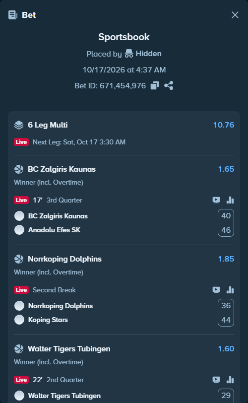Bet slip: Tigers Tubingen - VfL Astrostars Bochum, $136,452.95 stake at 1.60 odds, placed by Prettylfacko98