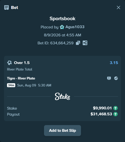 Bet slip: Tigre - River Plate, $10,000.00 stake at 3.15 odds, placed by Agus1033