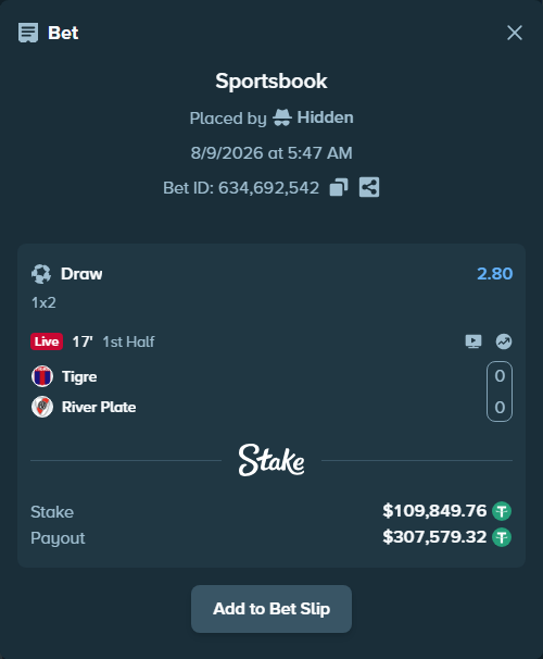 Bet slip: Tigre - River Plate, $109,959.61 stake at 2.80 odds, placed by Hidden