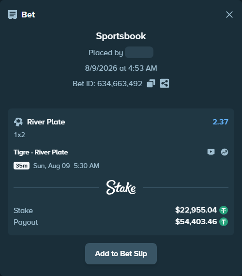 Bet slip: Tigre - River Plate, $22,978.00 stake at 2.37 odds, placed by Agus1033