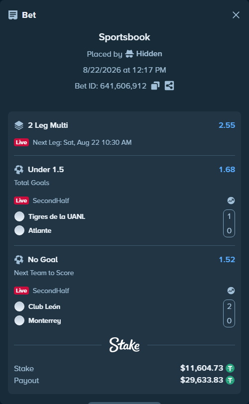 Bet slip: Tigres de la UANL - Atlante, $11,604.73 stake at 1.68 odds, placed by Hidden