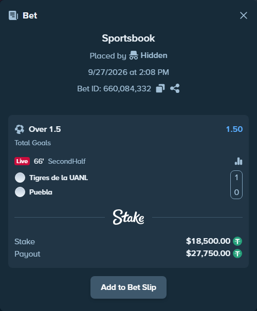 Bet slip: Tigres - Puebla, $18,500.00 stake at 1.50 odds, placed by tlwns4736