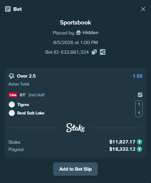 Bet slip: Tigres - Real Salt Lake, $11,839.00 stake at 1.55 odds, placed by Hidden