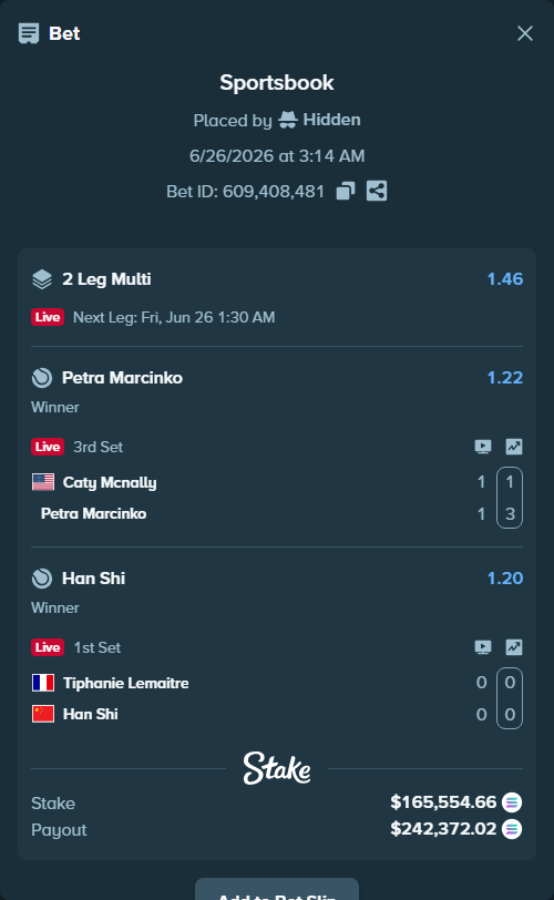 Bet slip: Tiphanie Lemaitre - Han Shi, $192,981.06 stake at 1.20 odds, placed by Hidden