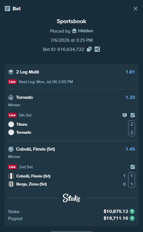 Bet slip: Titans - Tornado, $10,886.00 stake at 1.25 odds, placed by Hidden