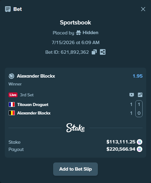 Bet slip: Titouan Droguet - Alexander Blockx, $106,857.33 stake at 1.95 odds, placed by Prettylfacko98