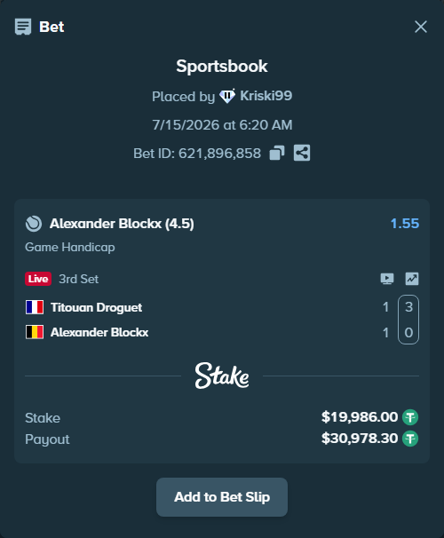Bet slip: Titouan Droguet - Alexander Blockx, $20,005.99 stake at 1.55 odds, placed by Kriski99