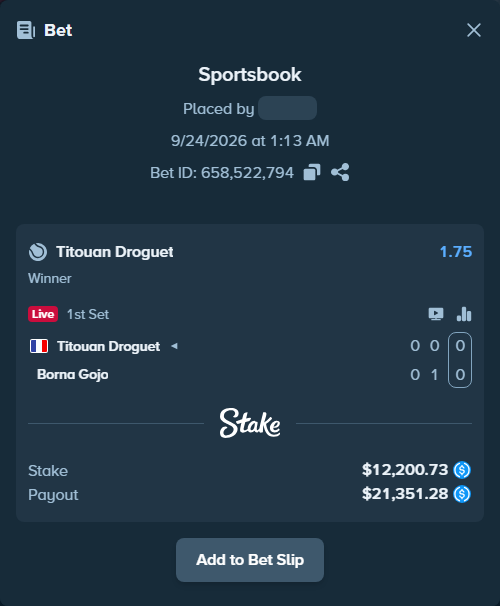 Bet slip: Titouan Droguet - Borna Gojo, $12,200.73 stake at 1.75 odds, placed by Tommypickles0