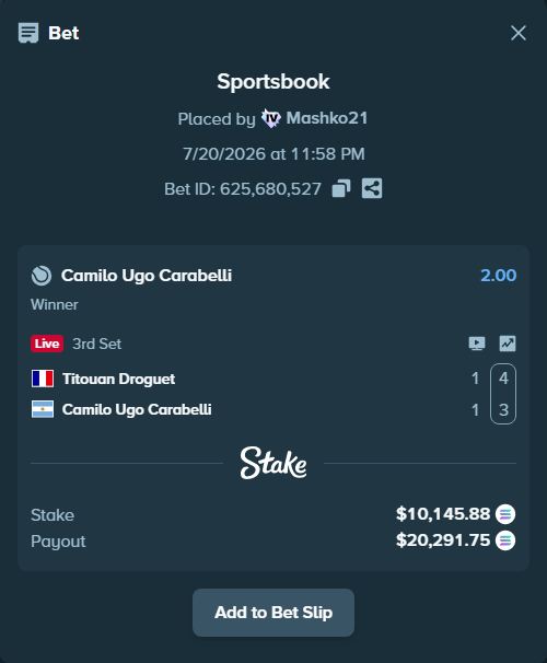 Bet slip: Titouan Droguet - Camilo Ugo Carabelli, $9,710.25 stake at 2.00 odds, placed by Mashko21