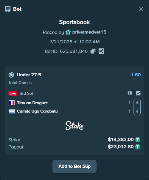 Bet slip: Titouan Droguet - Camilo Ugo Carabelli, $14,397.38 stake at 1.60 odds, placed by privetmedvet15