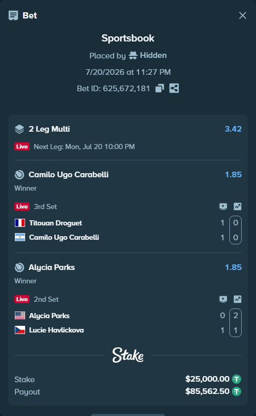 Bet slip: Titouan Droguet - Camilo Ugo Carabelli, $25,025.00 stake at 1.85 odds, placed by Hidden