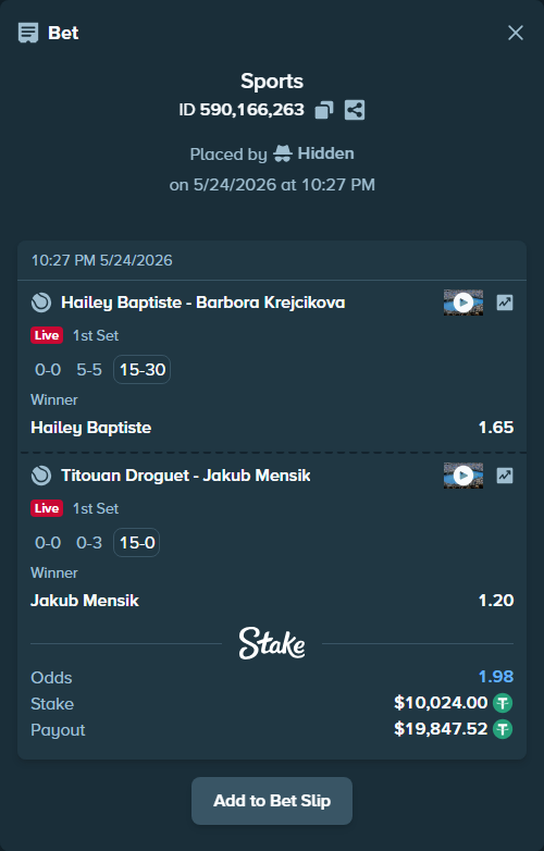 Bet slip: Titouan Droguet - Jakub Mensik, $10,024.00 stake at 1.20 odds, placed by Hidden