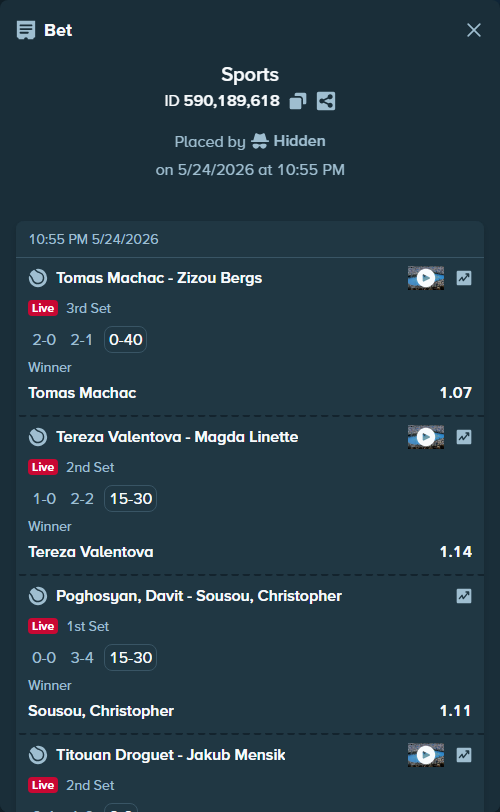 Bet slip: Titouan Droguet - Jakub Mensik, $12,931.00 stake at 1.25 odds, placed by Hidden