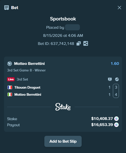 Bet slip: Titouan Droguet - Matteo Berrettini, $10,380.96 stake at 1.60 odds, placed by Prettylfacko98