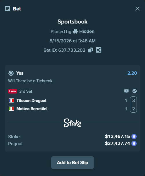 Bet slip: Titouan Droguet - Matteo Berrettini, $12,479.99 stake at 2.20 odds, placed by Hidden