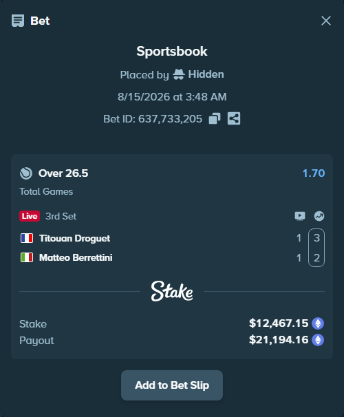 Bet slip: Titouan Droguet - Matteo Berrettini, $12,479.99 stake at 1.70 odds, placed by Hidden