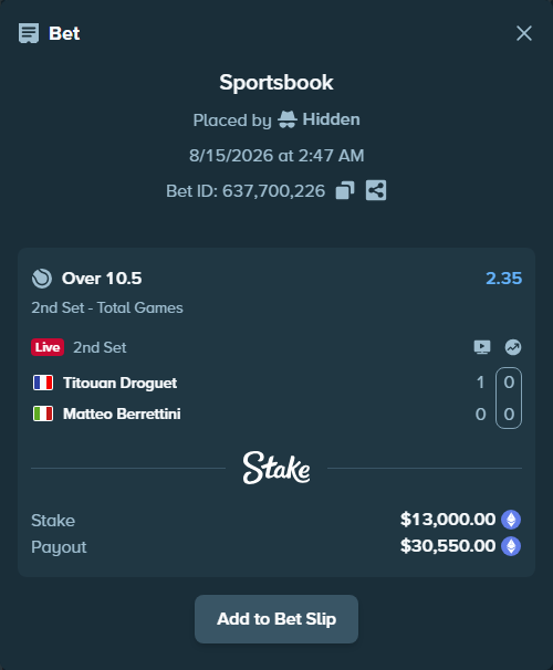 Bet slip: Titouan Droguet - Matteo Berrettini, $12,928.33 stake at 2.35 odds, placed by Hidden