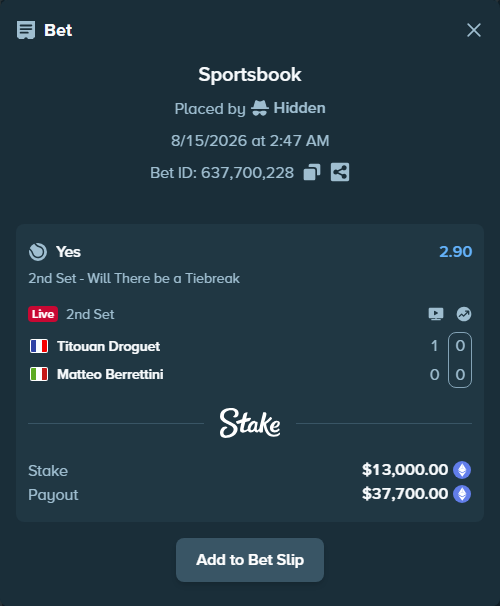 Bet slip: Titouan Droguet - Matteo Berrettini, $12,928.33 stake at 2.90 odds, placed by Hidden