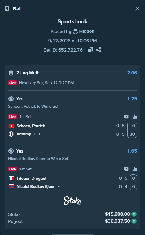 Bet slip: Titouan Droguet - Nicolai Budkov Kjaer, $15,000.00 stake at 1.65 odds, placed by Hidden