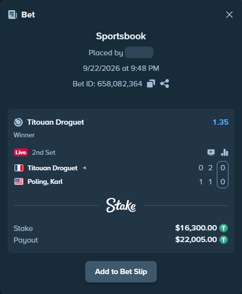 Bet slip: Titouan Droguet - Poling, Karl, $16,300.00 stake at 1.35 odds, placed by diomancy